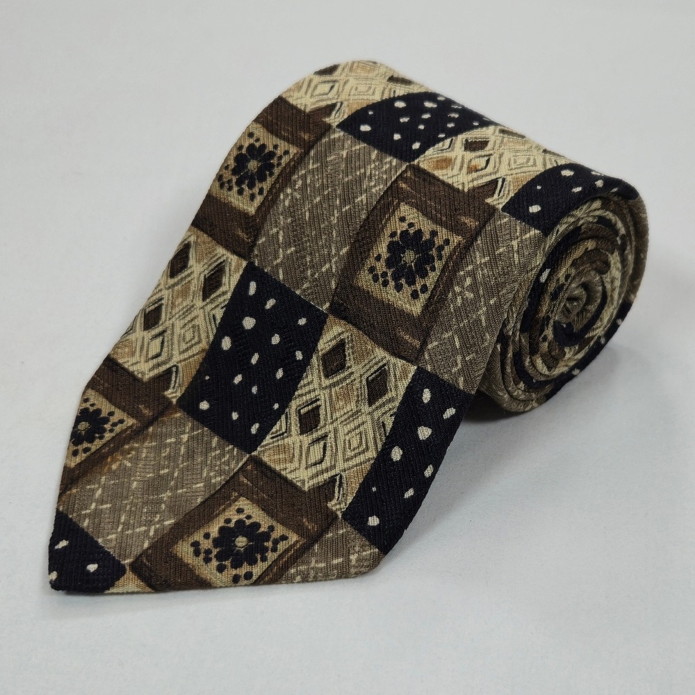 Vintage Bugatti Italian Silk Tie Brown Geometric Patchwork Pattern 4" x 58"